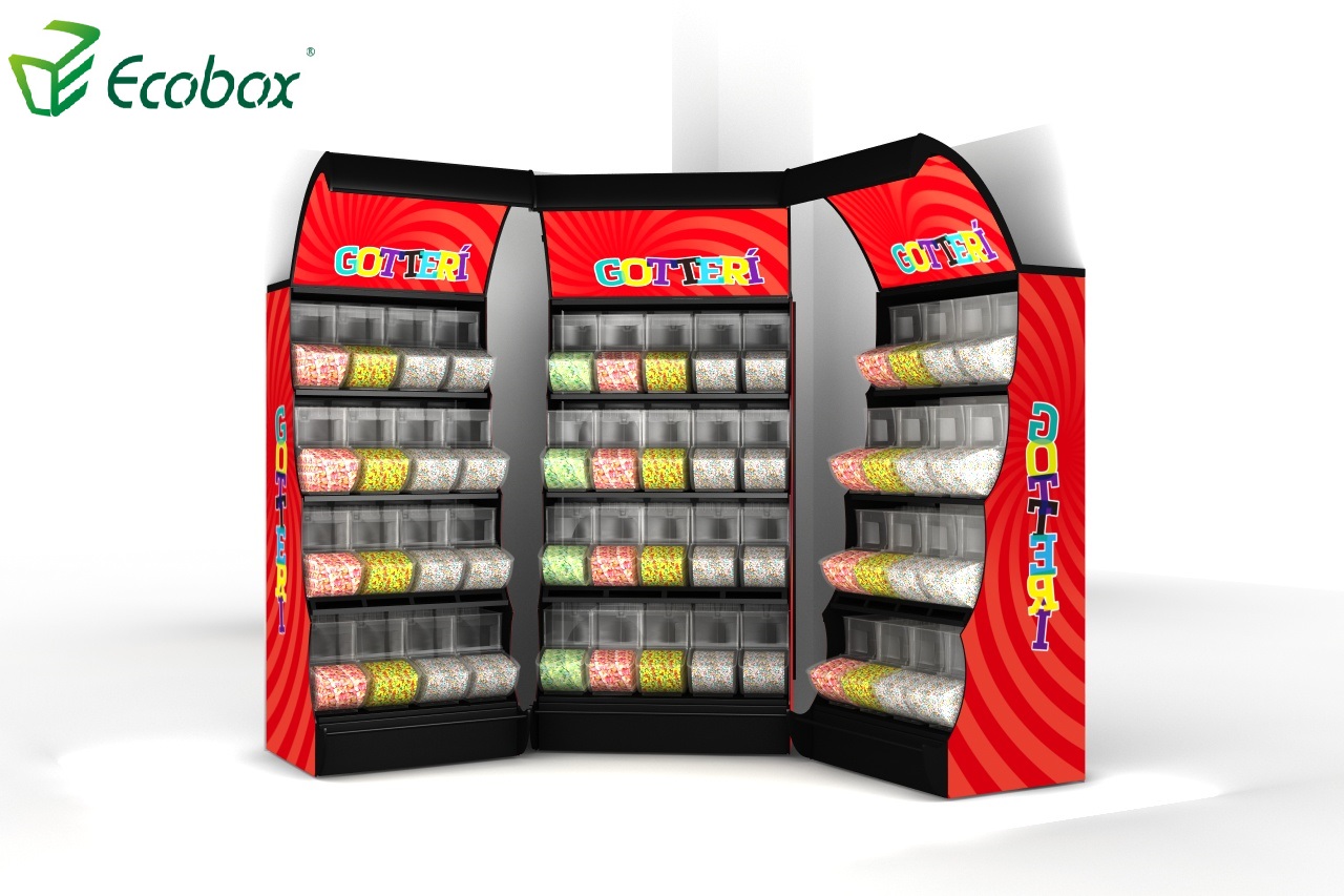 Ecobox TG-06101A estante de exhibición de metal para dulces con cubos de cuchara color negro