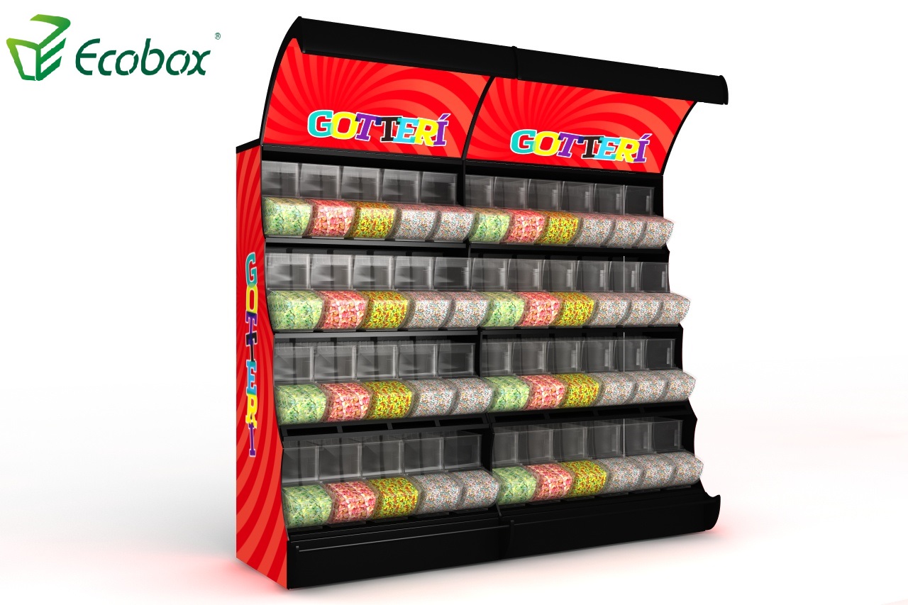 Ecobox TG-06101A estante de exhibición de metal para dulces con cubos de cuchara color negro