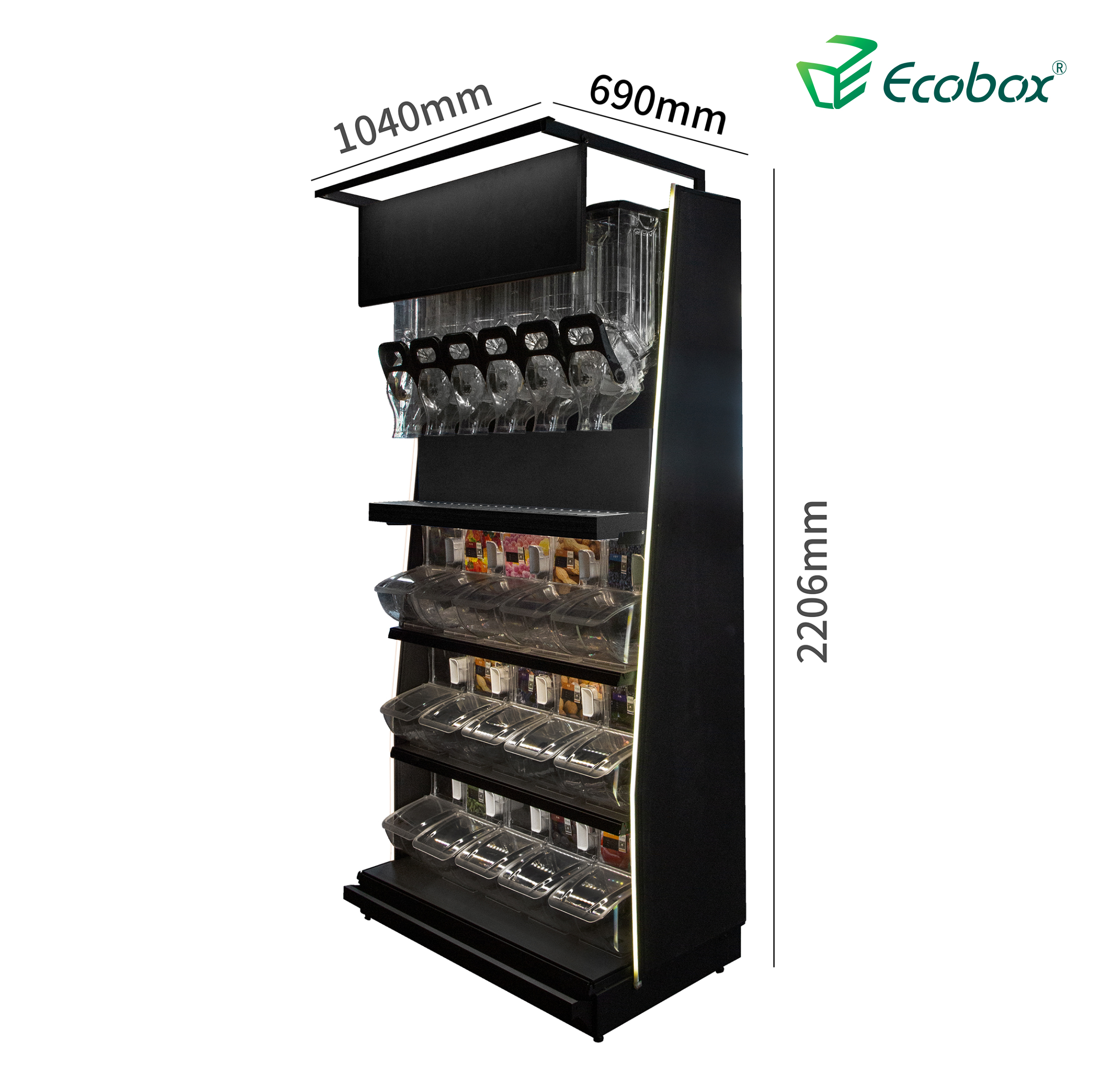 Ecobox TG-0615 Estante de exhibición de nueces dulces Solución de selección y mezcla para comercialización a granel con contenedores de gravedad y contenedores de cuchara