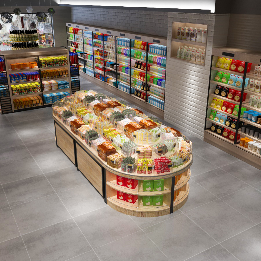 Ecobox MG-011 Estante de supermercado de exhibición de madera para merchandising de alimentos a granel 